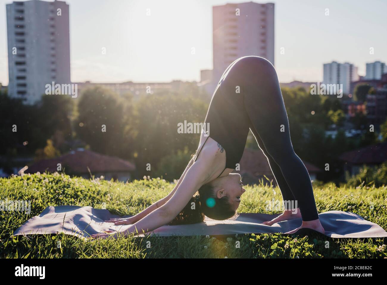 Giovane donna che esegue yoga in posizione verso il basso del cane a. parco cittadino Foto Stock