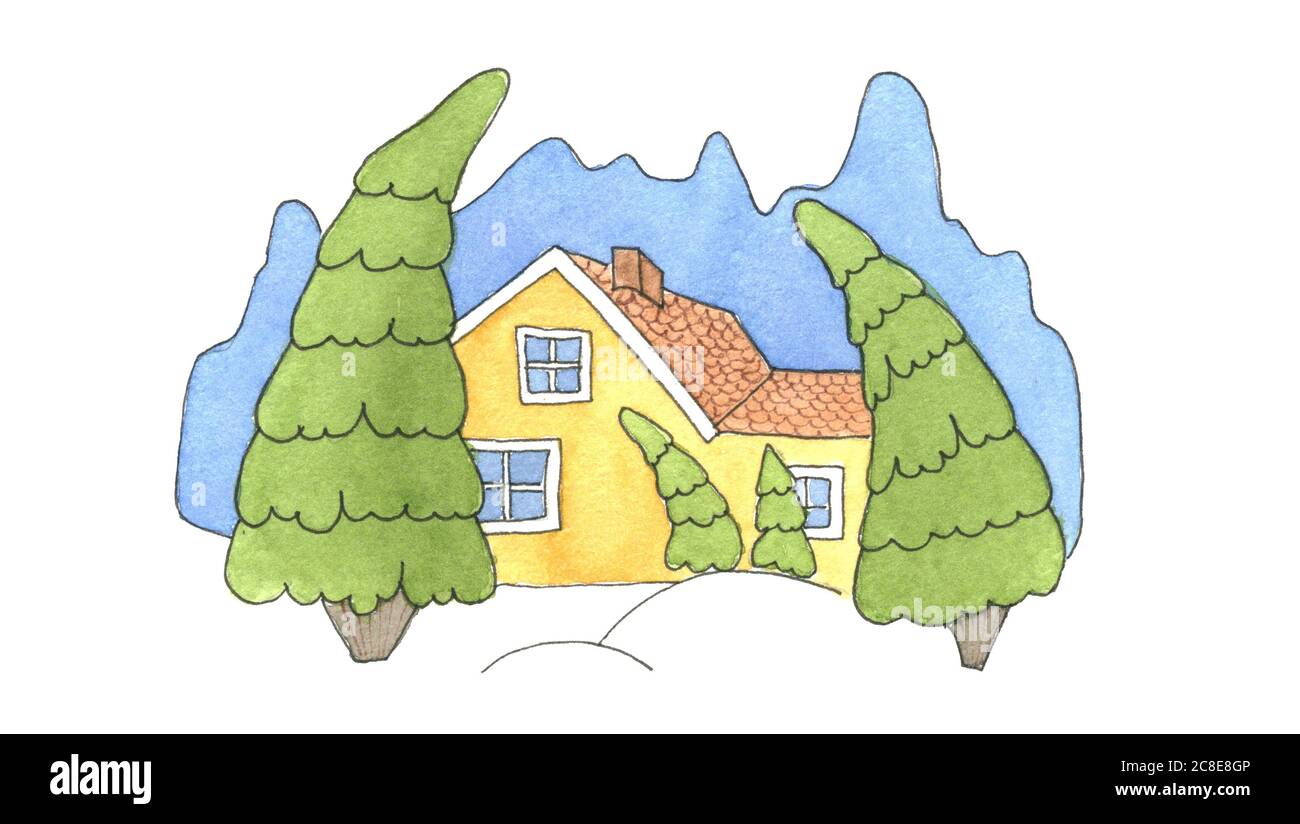 Casa di campagna Watercolor semplice su sfondo bianco Foto Stock