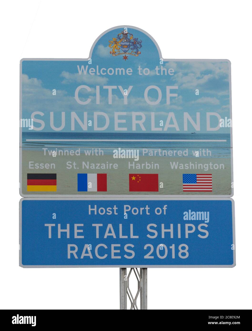 Cartello "Welcome to the City of Sunderland", Seaburn, Sunderland, Tyne and Wear, Inghilterra, Regno Unito Foto Stock