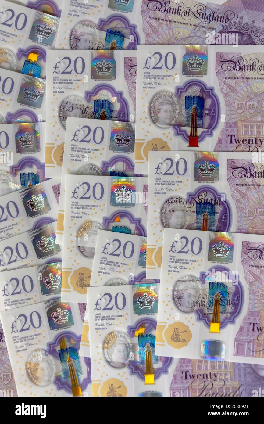 Primo piano di nuove banconote inglesi £20, Grande Londra, Inghilterra, Regno Unito Foto Stock