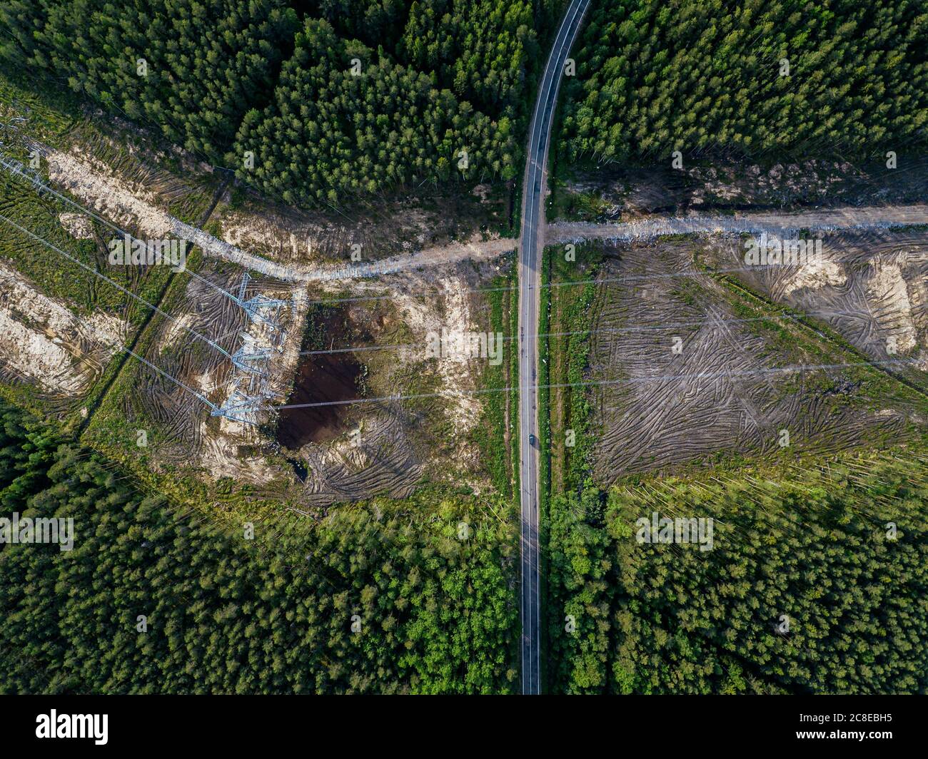 Russia, Leningrado Oblast, Tikhvin, vista aerea dei piloni elettrici nel mezzo della zona deforestata Foto Stock