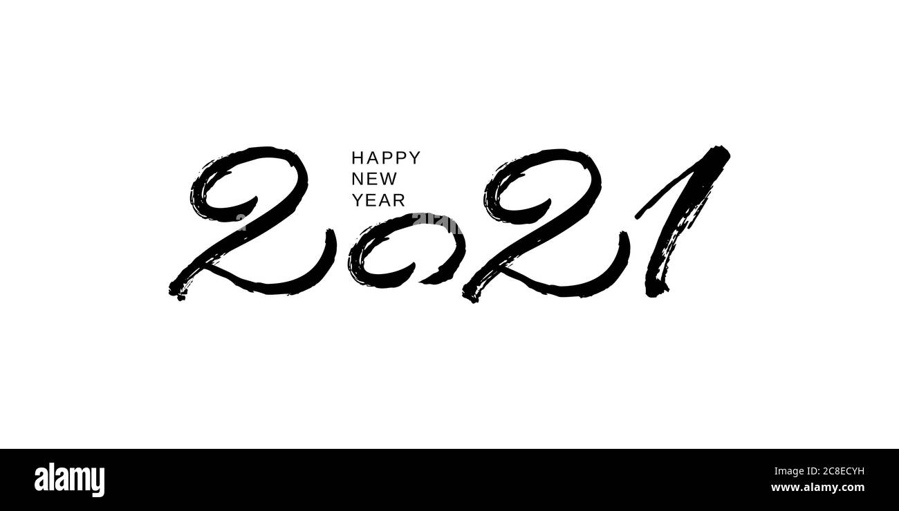 modello di design 2021 per il nuovo anno in bianco e nero. Carta con inchiostro e pennello Illustrazione Vettoriale