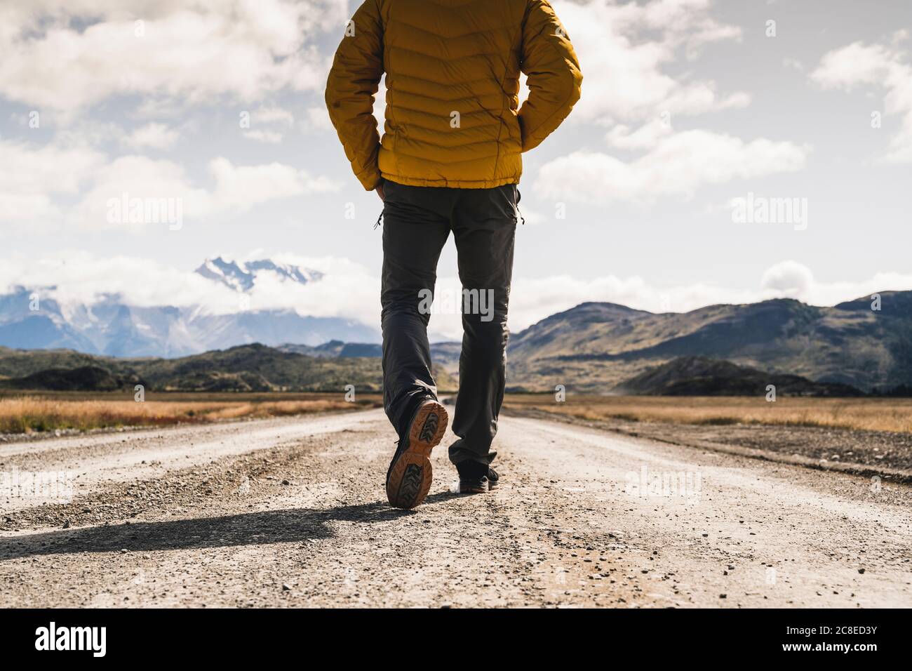Sezione bassa di uomo maturo che cammina su strada sterrata al Parco Nazionale Torres del Paine, Patagonia, Cile Foto Stock