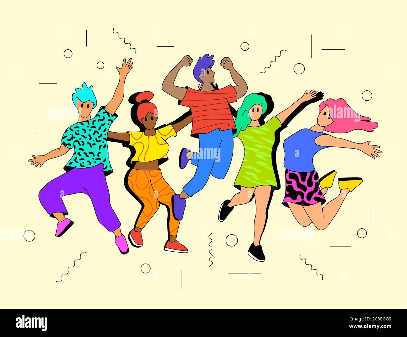 Giovani, persone felici e vibranti che saltano in aria. Illustrazione vettoriale dei personaggi sani e di successo Illustrazione Vettoriale