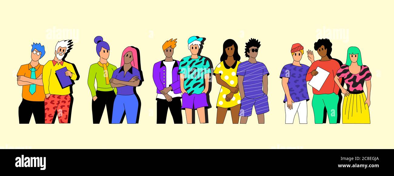 Un gruppo di persone multiculturali. Studenti, amici e colleghi in piedi insieme in un abito casual. Caratteri vettoriali colorati. Illustrazione Vettoriale
