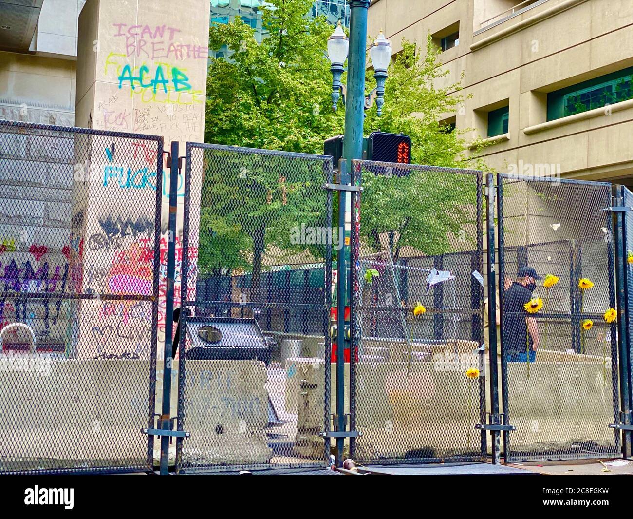 23 luglio 2020, Portland, Oregon, U.S: Il tribunale di Mark O. Hatfield a Portland, Oregon, è diventato il principale sito di protesta: tutte le tattiche di graffiti, immondizia e trickster degli anarchici per agitare l'applicazione della legge si svolgono in questa zona molto contenuta, dove gli agenti federali si nascondono all'interno e escono solo per lanciare granate di gas lacrimogeni e lanciare proiettili. Credit: ZUMA Press, Inc./Alamy Live News Foto Stock