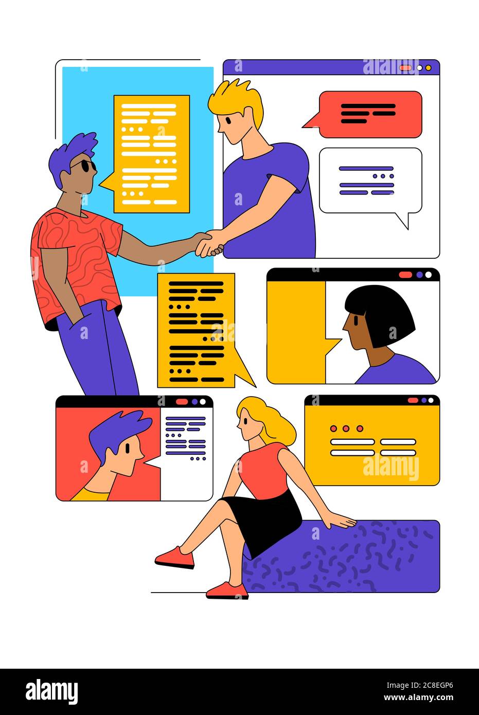 Professionisti che lavorano per comunicare, incontrare e chattare tramite videoconferenze basate sul Web. Illustrazione di persone vettoriali per eventi team. Illustrazione Vettoriale