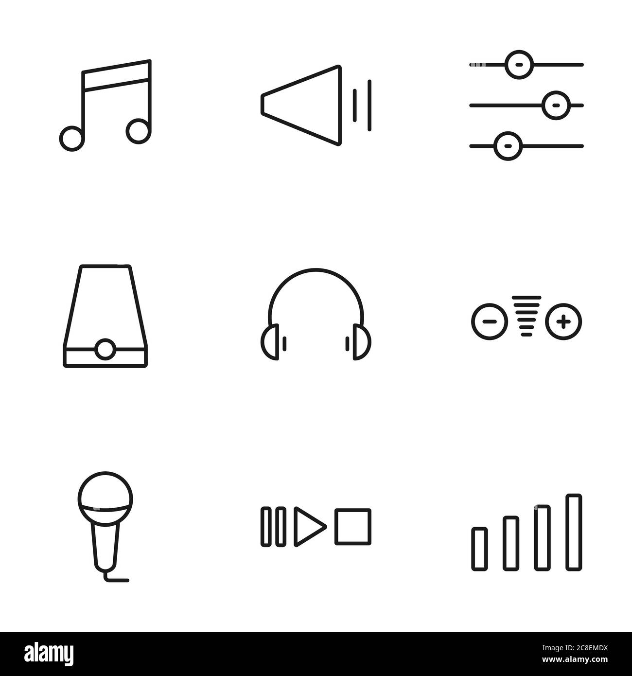 Set di icone della linea di elaborazione del volume audio che contiene cuffie, altoparlanti e molto altro. Immagine vettoriale perfetta con 64 pixel Illustrazione Vettoriale