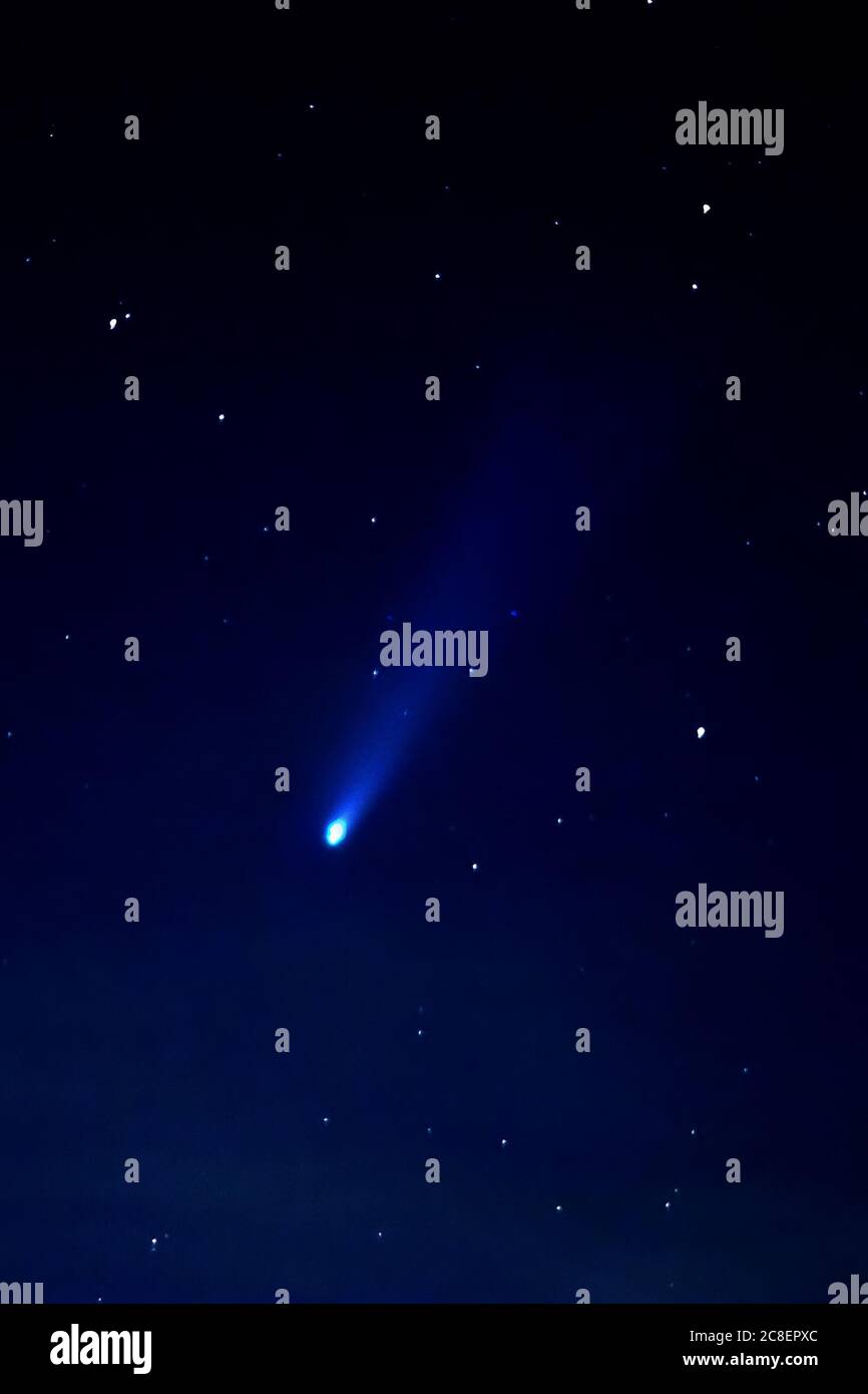 Cometa Neoswise C/2020 F3 e stelle nel cielo notturno. Astrofotografia - veduta di un meteore luminoso, fenomeno astronomico unico. Fuoco selettivo, grana Foto Stock