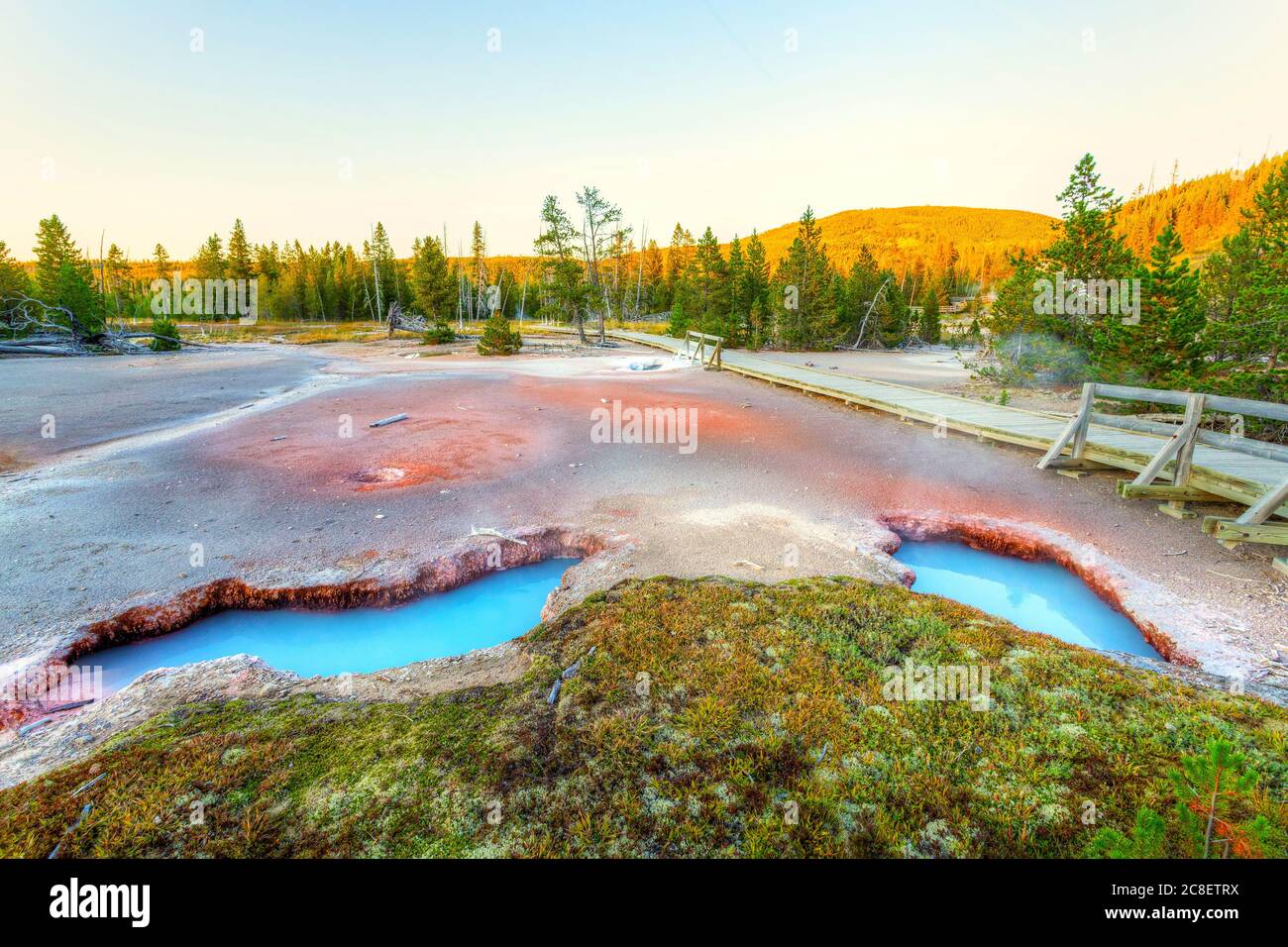 Piscine termali di colore blu al Paintpot Trail Artists al Yellowstone National Park in Wyoming, USA, con il sole del tardo pomeriggio che splende dal backgro Foto Stock