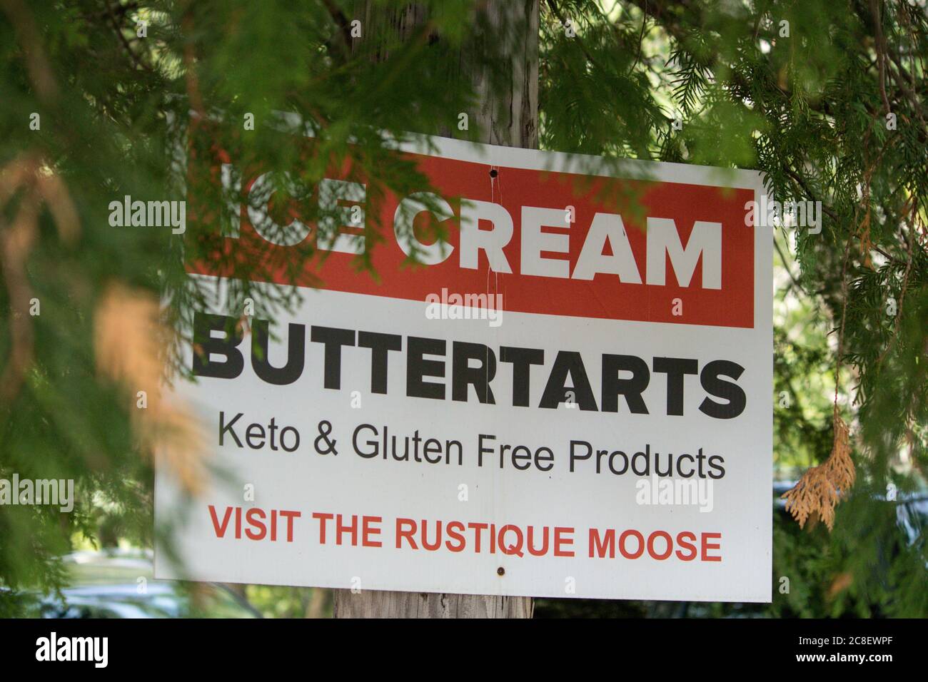 Gelati, crostate al burro, prodotti senza cheto e senza glutine o cartello pubblicitario del negozio Foto Stock