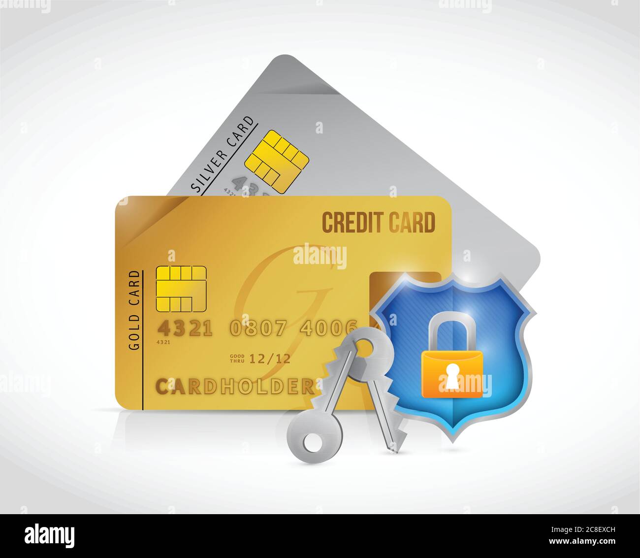 Carte di credito sicure protezione di blocco schermo disegno illustrazione su uno sfondo bianco Illustrazione Vettoriale