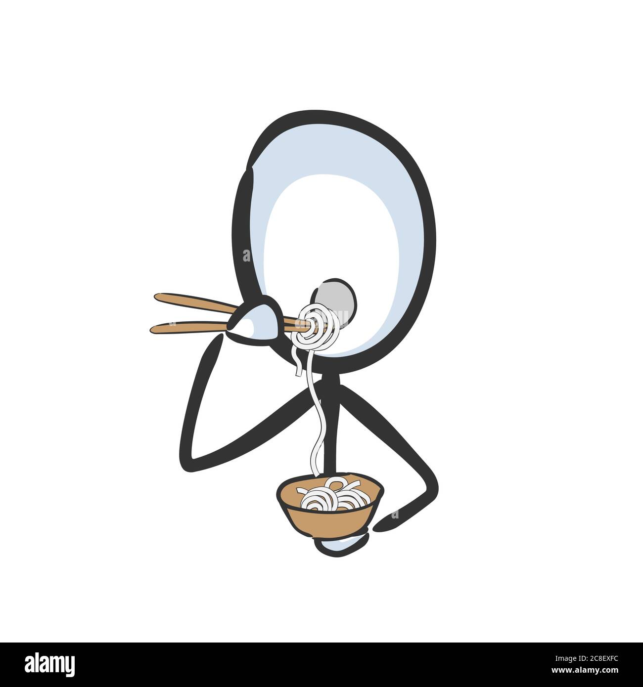 Mangiare noodle con le tristole dal recipiente. Vettore semplice mangiare spaghetti stickman no faccia clipart cartone animato. Disegnata a mano. Doodle schizzo, grafico Illustrazione Vettoriale