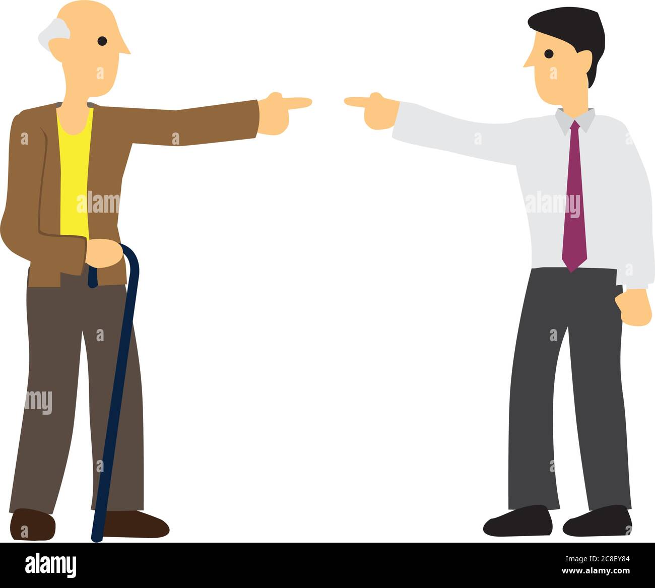 Argomento tra vecchio e giovane. Concetto di discriminazione o disaccordo o ingiustizia. Illustrazione vettoriale isolata in piano. Illustrazione Vettoriale