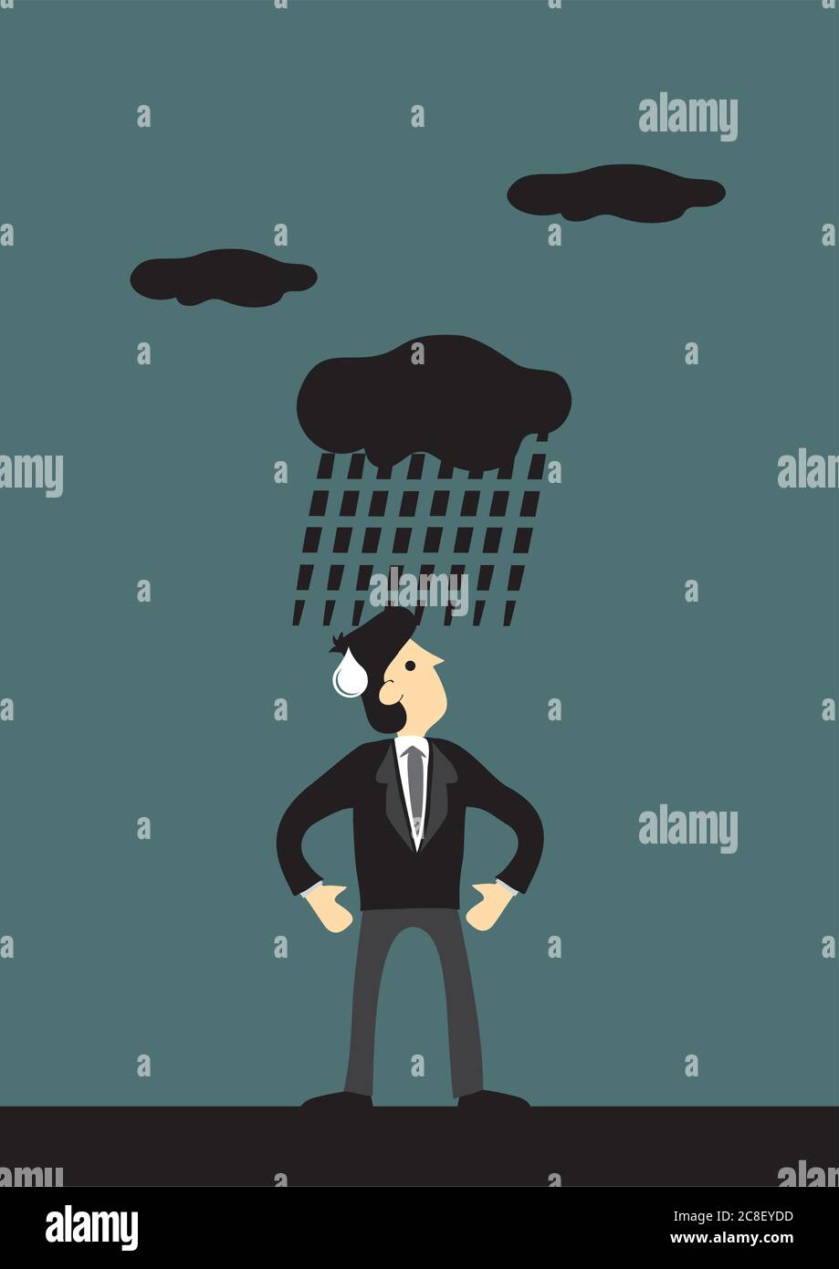 Uomo infastidito in tuta da lavoro guardando su nuvola scura che piove su di lui. Illustrazione creativa concettuale del cartone animato vettore per sfortuna o sfortunato. Illustrazione Vettoriale