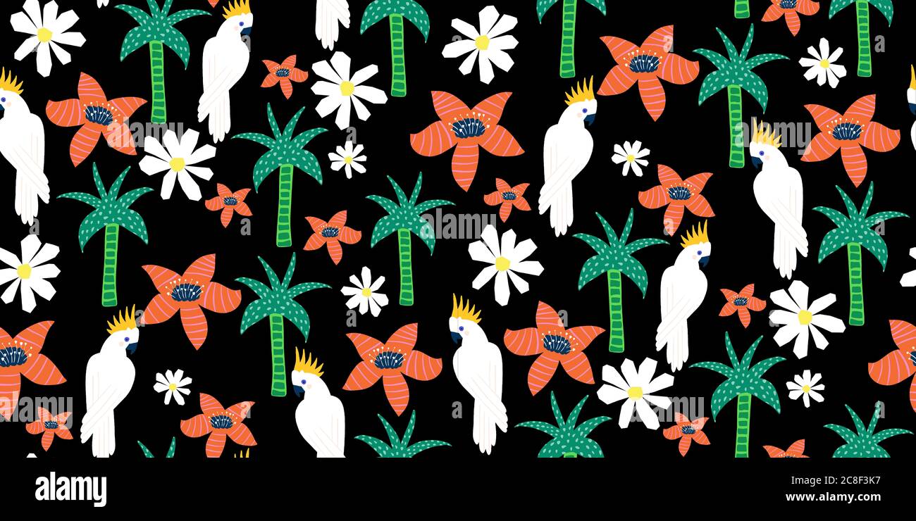 Cockatoo uccelli tropicali senza cuciture modello. Sfondo ripetuto con pappagalli esotici tra fiori rossi e palme su nero. Fauna selvatica hawaiana Foto Stock