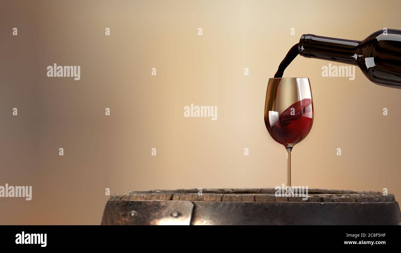 Vino rosso versato da una bottiglia in un bicchiere di vino su un vecchio barile di legno. Rendering 3D Foto Stock