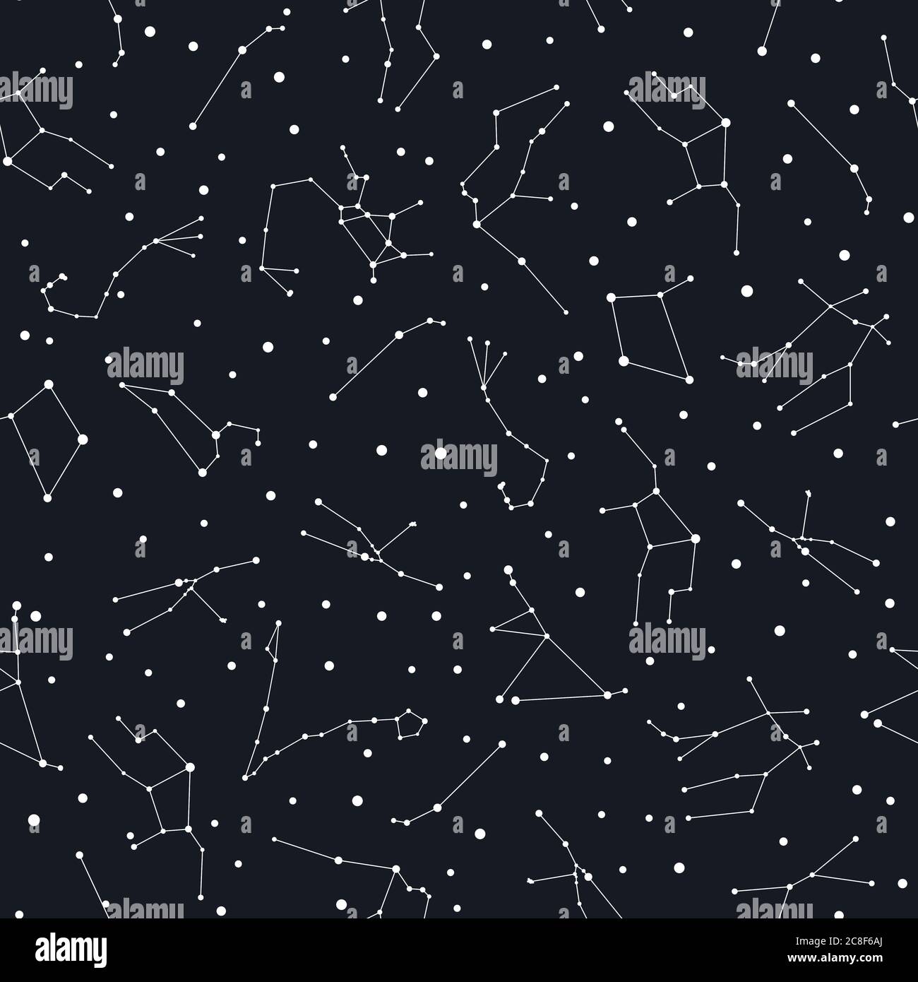 Costellazioni zodiacali modello senza giunture. Stelle bianche sul cielo scuro. Illustrazione Vettoriale