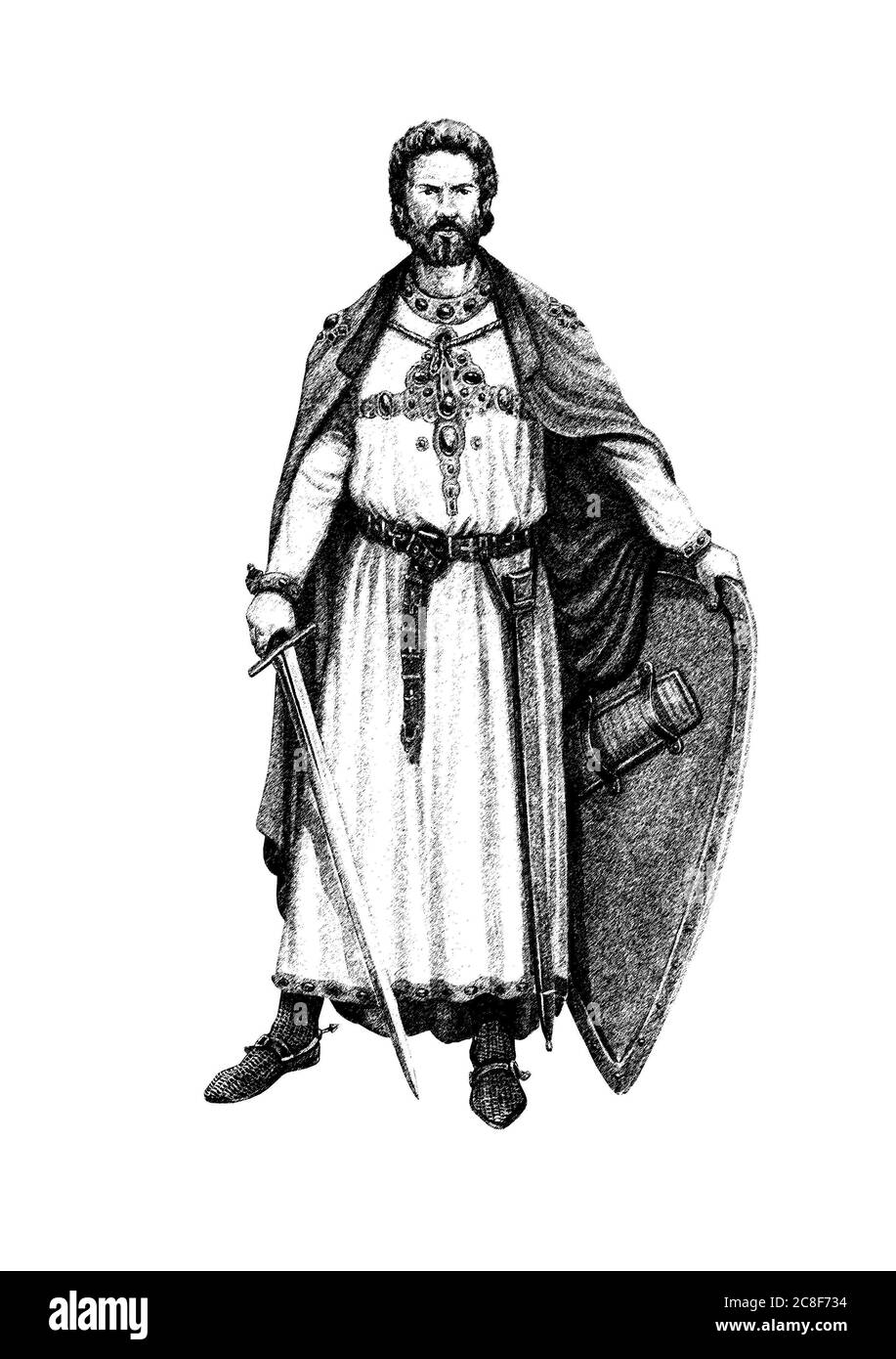 Cavaliere medievale con disegno a spada, illustrazione storica. Foto Stock