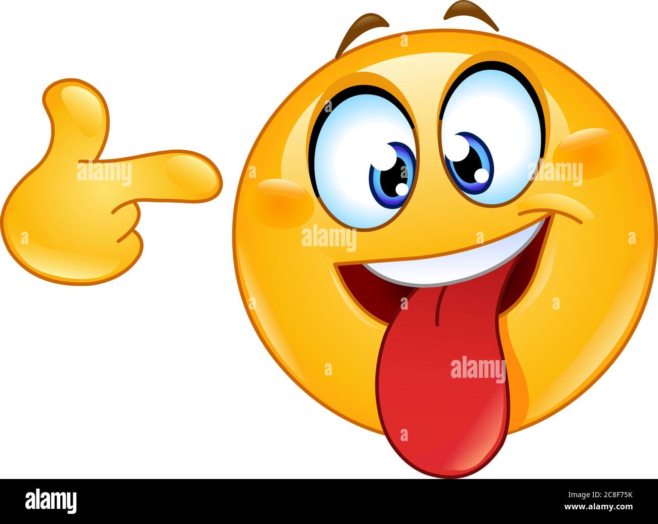 Emoticon di emoticon di faccia pazza con lingua verso l'esterno che indica la sua testa Illustrazione Vettoriale