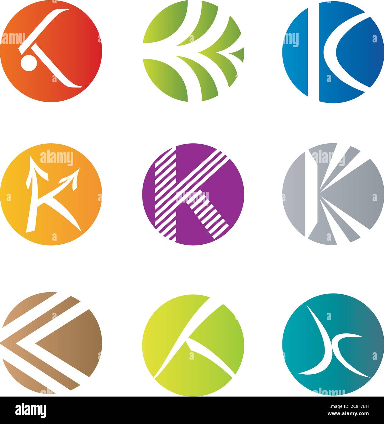 Set di nove icone astratto lettera K, elementi per il design del logo Illustrazione Vettoriale