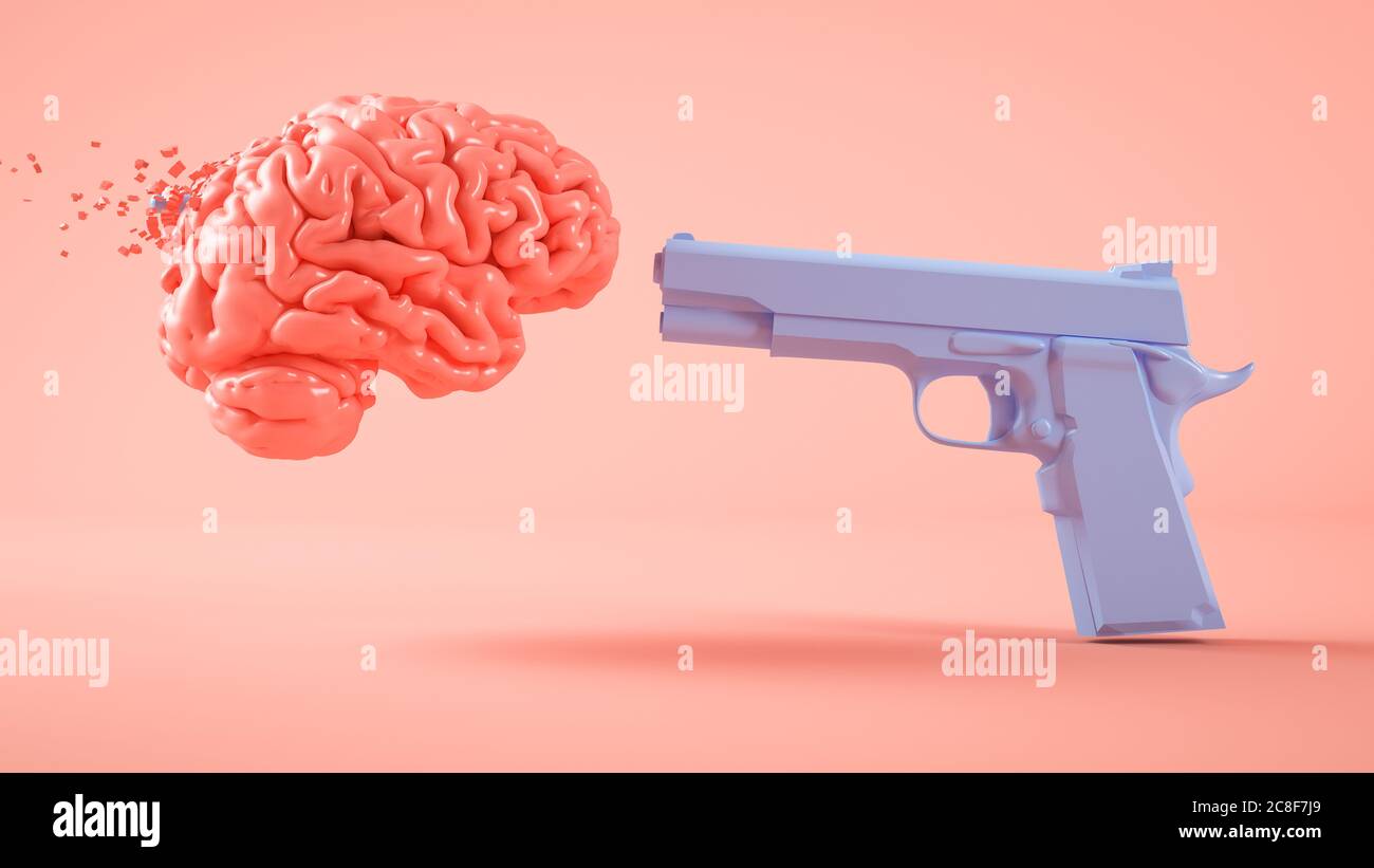 Concetto di ignoranza: Pistola sparare un cervello 3d rendering Foto Stock