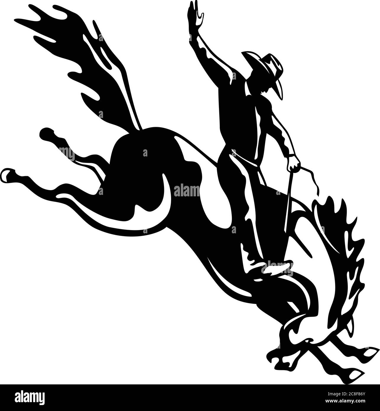 Illustrazione in stile retrò di un cowboy rodeo che cavalca un bronco buccio, uno sport equestre competitivo visto da un lato su sfondo isolato fatto in bla Illustrazione Vettoriale