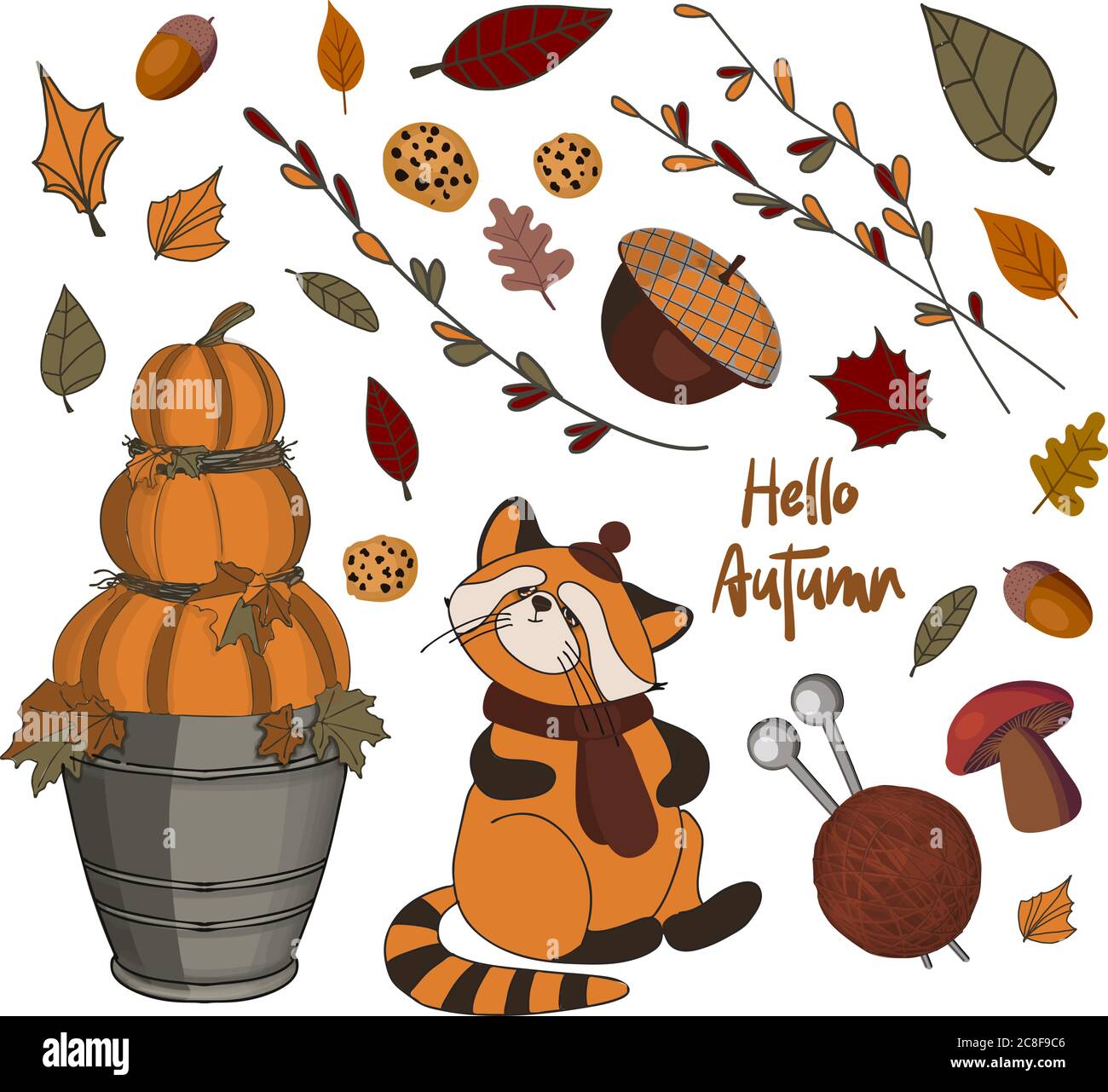 Illustrazione del giorno del ringraziamento. Ciao, autunno. Adesivi autunnali. Gruppo vettoriale. Illustrazione Vettoriale