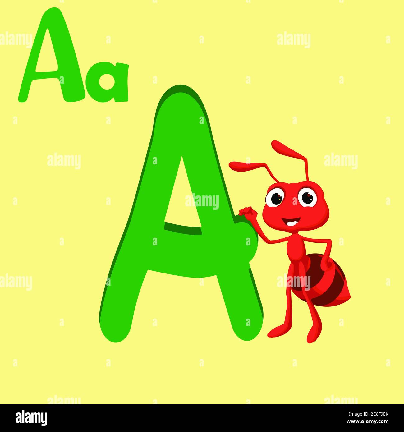 Lettera alfabetica A, A per ANT, ABC A Z , lettera alfabetica animale colorata a con una formica carina Foto Stock