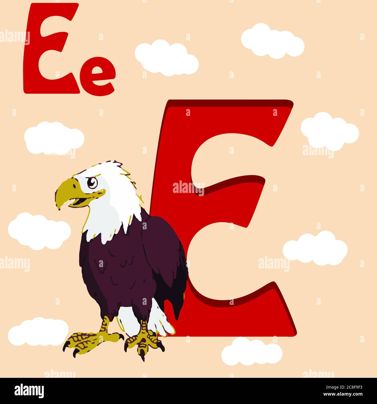 Lettera alfabetica e, e per Eagle. ABC A Z , lettera colorata dell'alfabeto animale e con un'aquila. Foto Stock