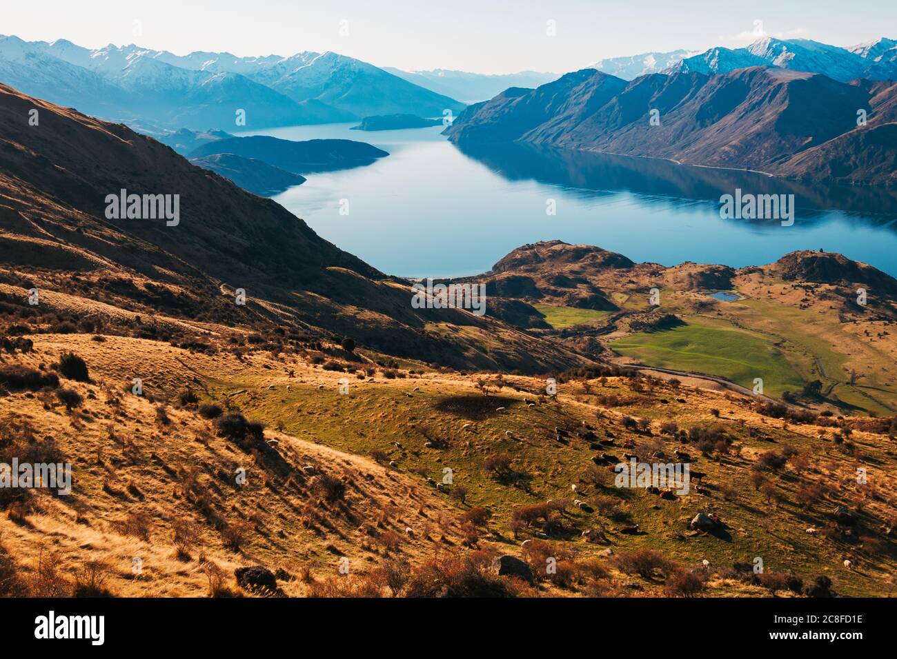 Le montagne si riflettono sulla superficie di un lago incredibilmente fermo Wanaka, in una giornata limpida e tranquilla nell'Isola del Sud della Nuova Zelanda Foto Stock