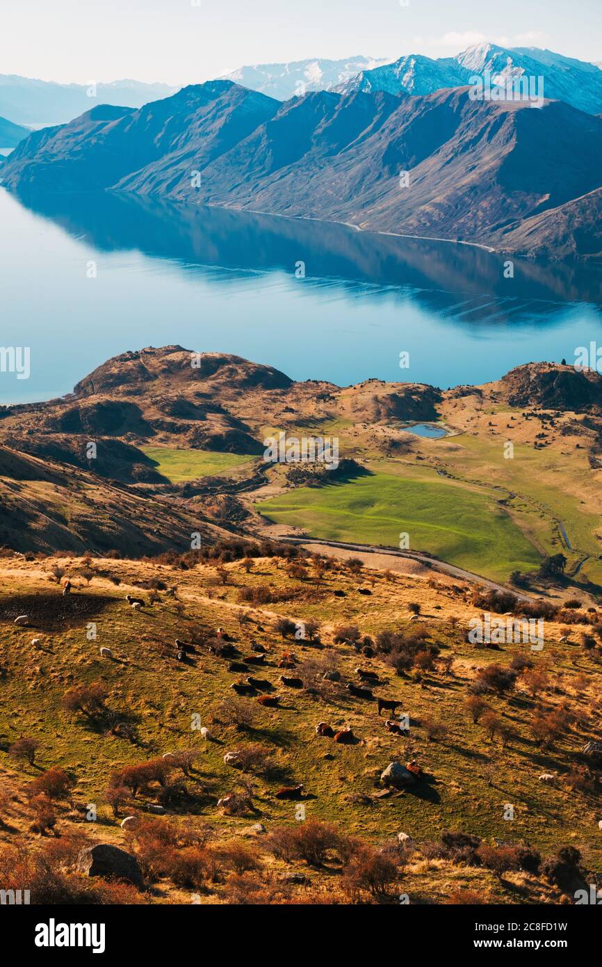 Le montagne si riflettono sulla superficie di un lago incredibilmente fermo Wanaka, in una giornata limpida e tranquilla nell'Isola del Sud della Nuova Zelanda Foto Stock