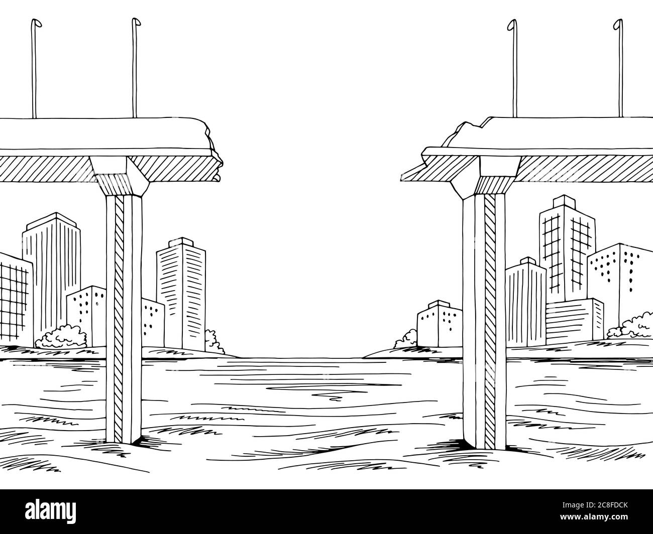 Grafico a ponte rotto nero bianco paesaggio città illustrazione dello schizzo vettore Illustrazione Vettoriale