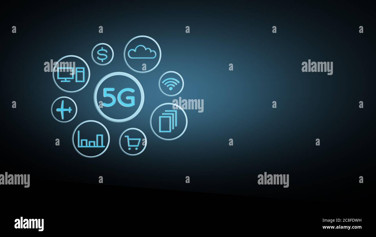 Sistemi di rete wireless 5G e Internet of Things con una rete di comunicazione wireless puntini connessi astratti su sfondo spaziale. Un ologramma di app Foto Stock