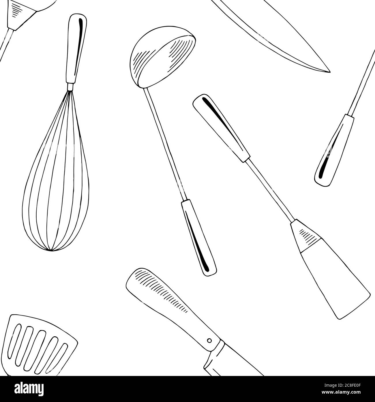 Cucina fornisce grafica senza giunture motivo sfondo bianco nero illustrazione schizzo vettore Illustrazione Vettoriale