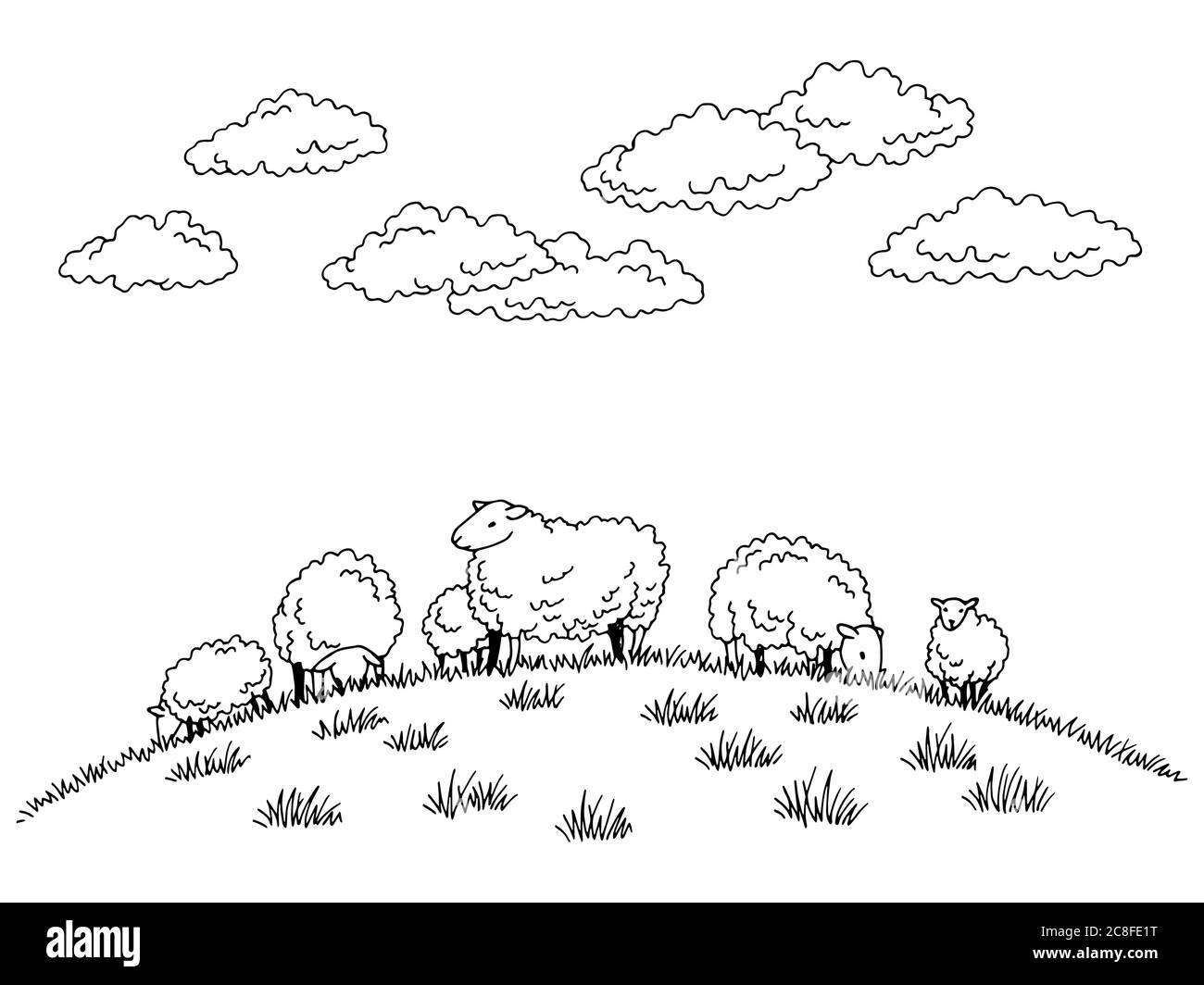 Pecora che alimenta erba sulla collina grafico nero bianco disegno vettore illustrazione Illustrazione Vettoriale