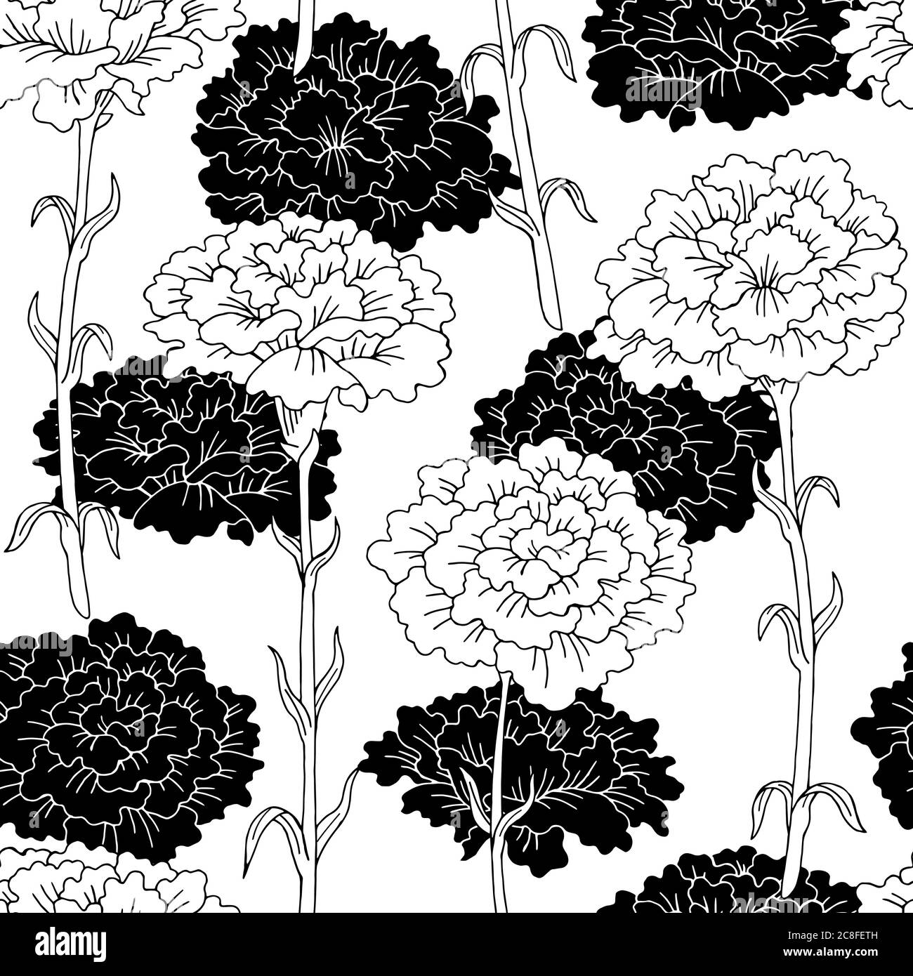 Grafica carnazione fiore nero bianco senza cuciture motivo sfondo disegno grafico di disegno vettore Illustrazione Vettoriale