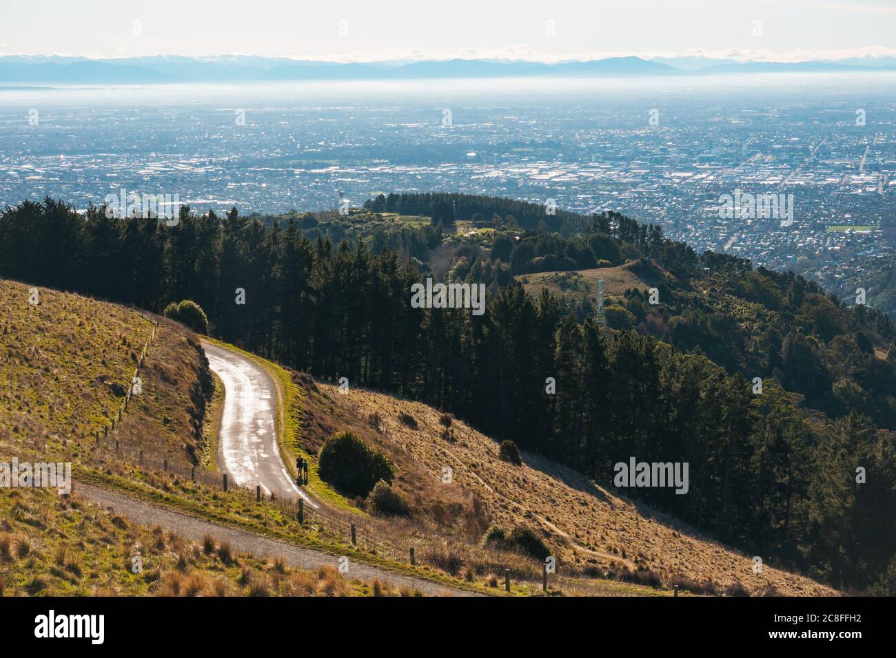 La Summit Road si snoda lungo le Port Hills a Christchurch, Nuova Zelanda Foto Stock