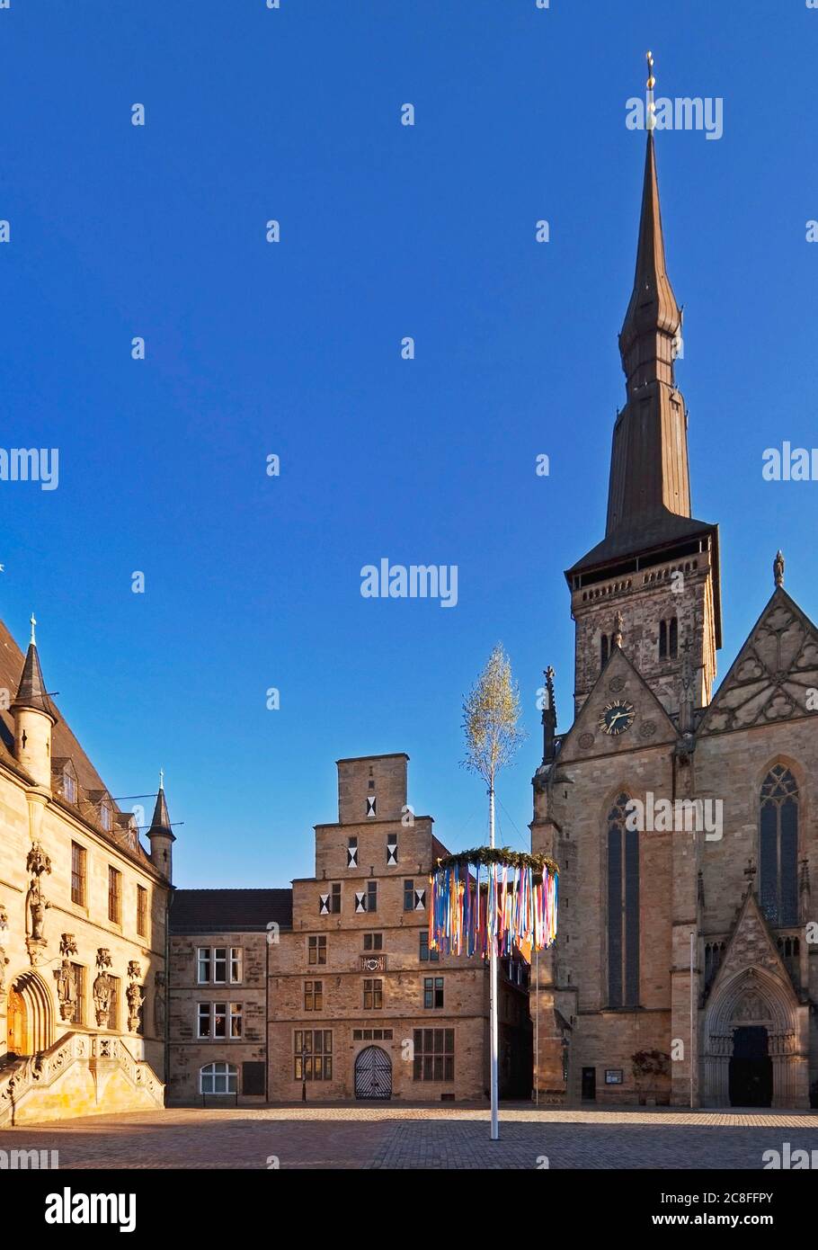 Chiesa di San Marien, Stadtwaage e municipio sulla piazza del mercato nella città vecchia, Germania, bassa Sassonia, Osnabrueck Foto Stock