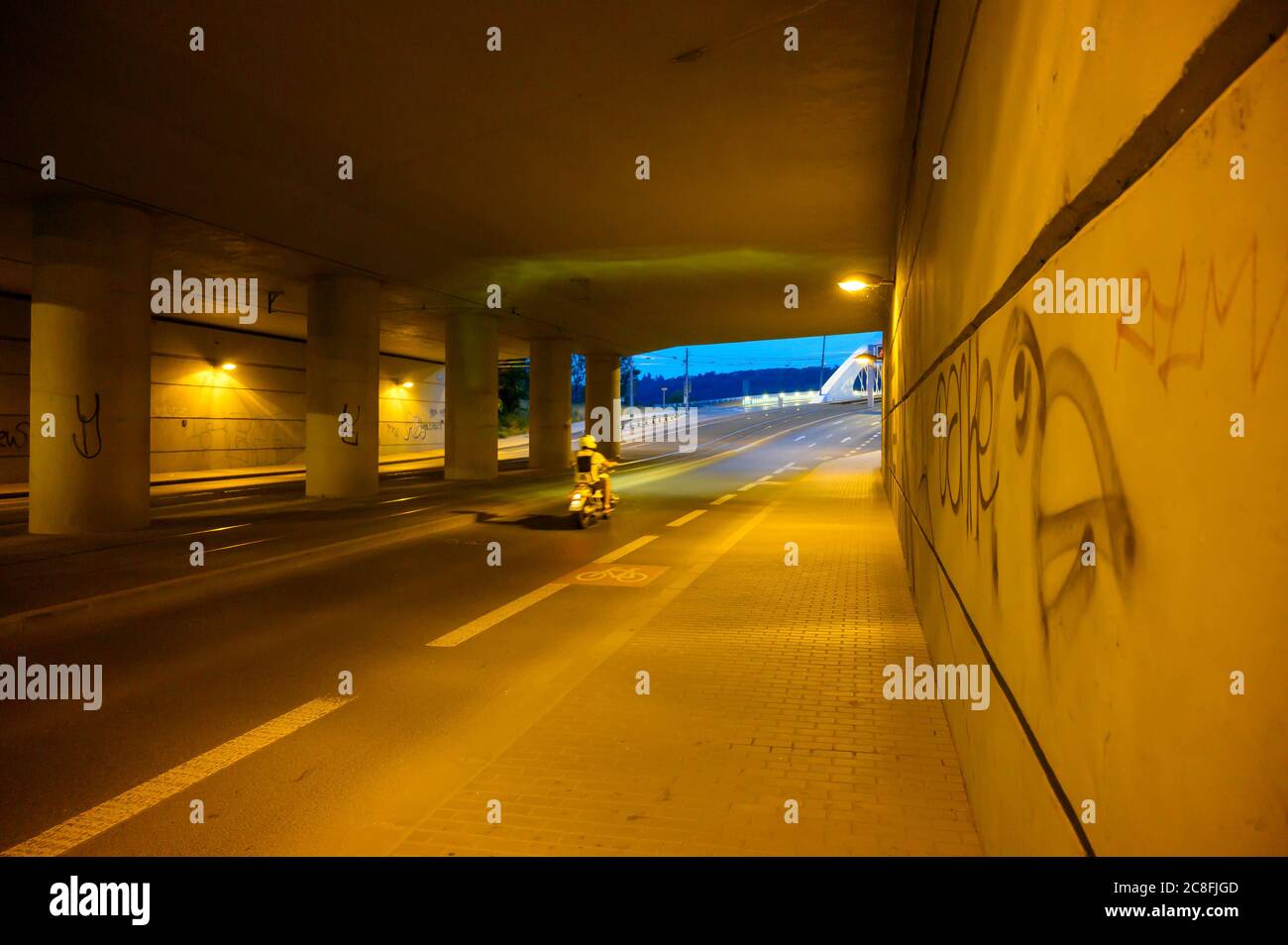 PRAGA - 20 LUGLIO 2019: Uno scooter a motore blured che si muove lungo un sottopassaggio cittadino di notte Foto Stock