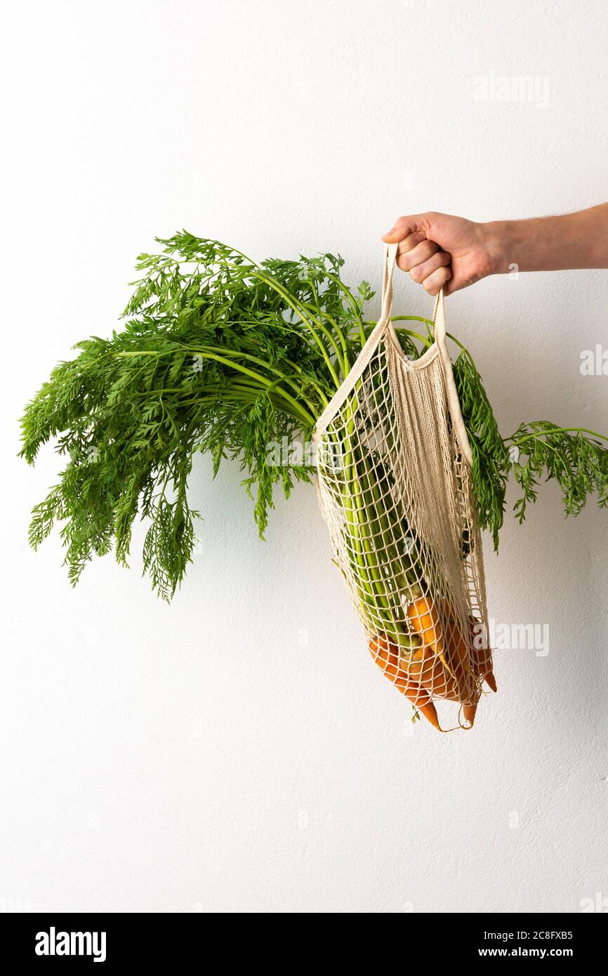 Mano maschile con carota in una griglia di cibo su uno sfondo bianco parete, un agricoltore tiene verdure appena raccolte con foglie verdi, raccolto fresco Foto Stock