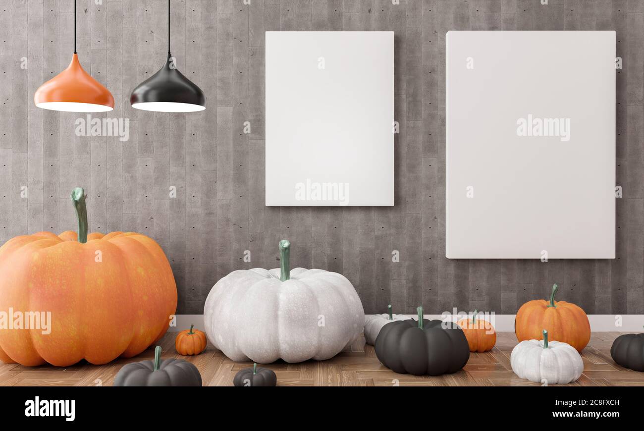 Illustrazione 3D .Canvas in un salotto decorazione di Halloween. Zucche bianche e nere . Rendering 3D Foto Stock