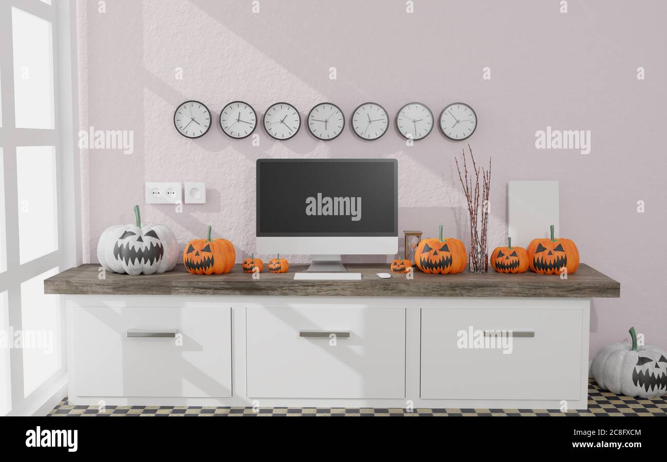 Illustrazione 3D .computer desktop mockup in un salotto decorazione Halloween. Zucche bianche e nere . Rendering 3D Foto Stock