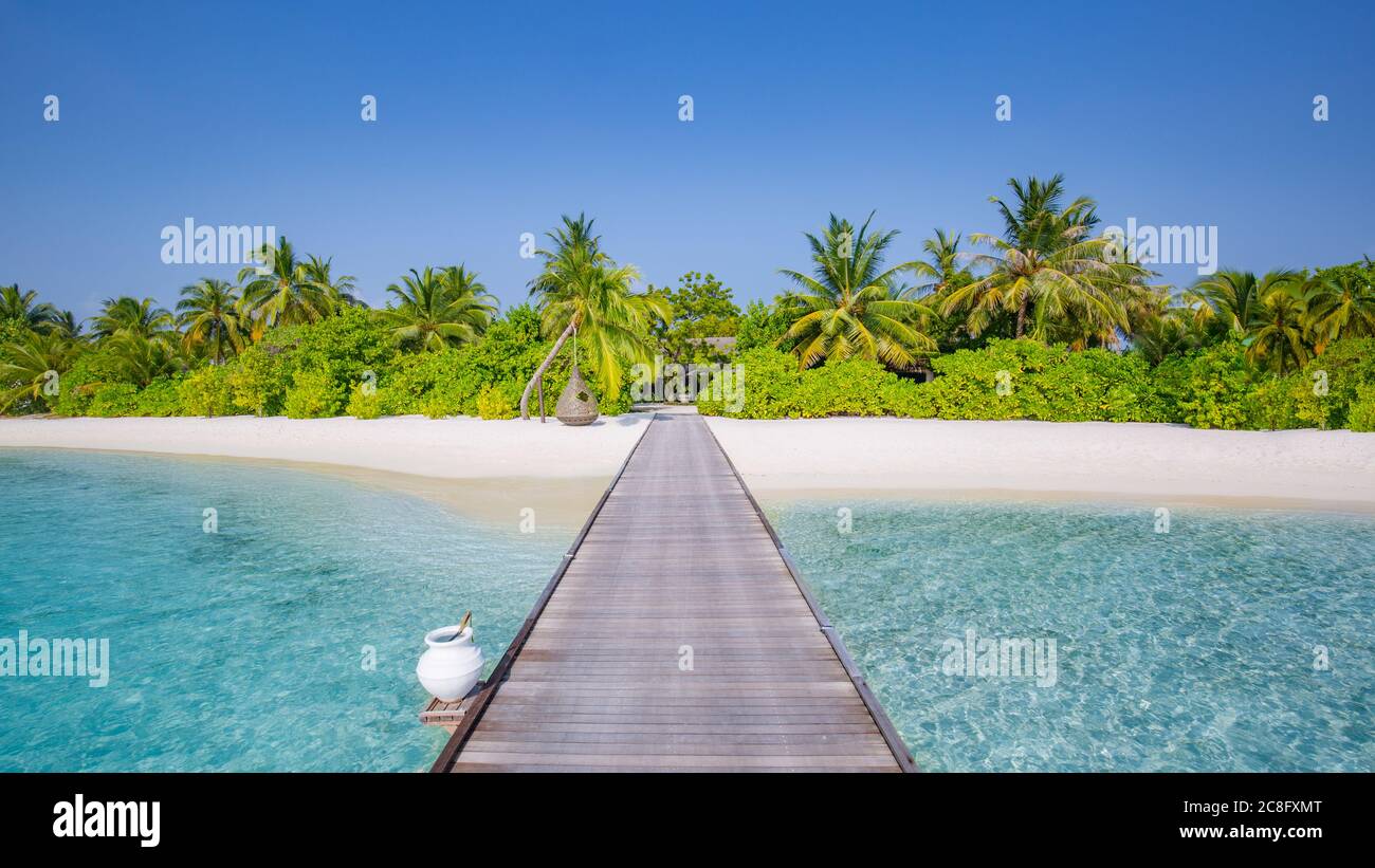 Vacanza estiva su un'isola tropicale con una bellissima spiaggia e palme. Banner vacanza estiva di lusso Foto Stock