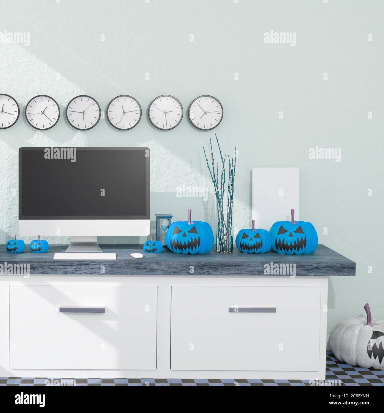 Illustrazione 3D .computer desktop mockup in un salotto decorazione Halloween. Zucche bianche e nere . Rendering 3D Foto Stock