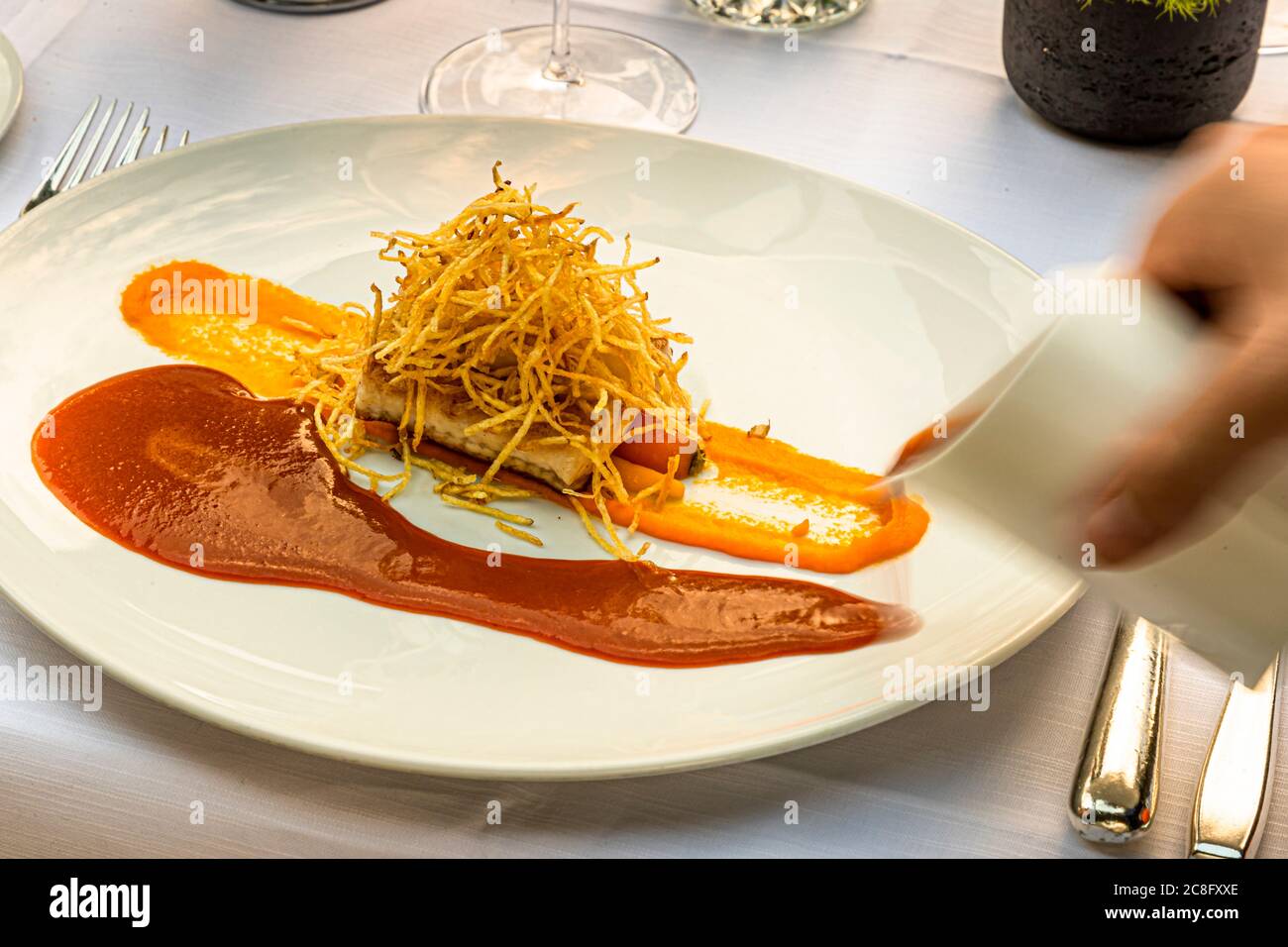 Piatto da buongustai dell'Hotel Krone Chef de Cuisine Peter Prüfer a Weil am Rhein, Germania. Filetto di 'Wiße Waller' con carote giovani, brodo di granchio e paglia di patate Foto Stock