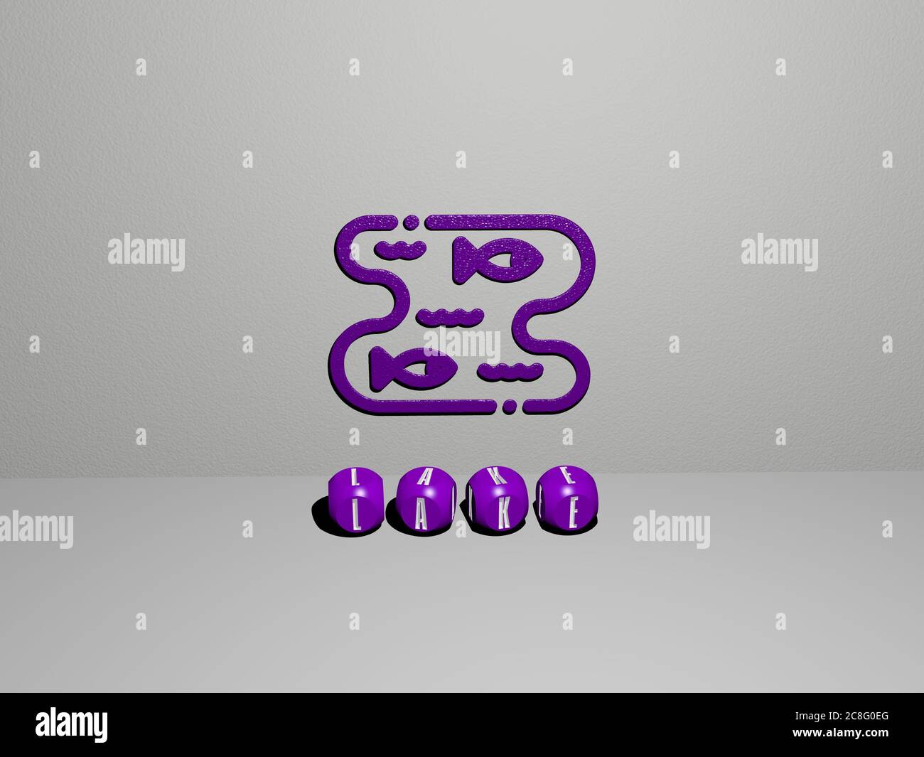 Illustrazione 3D di grafica lacustre e testo realizzato con lettere a dadi metallici per i significati correlati del concetto e delle presentazioni. Bella e blu Foto Stock