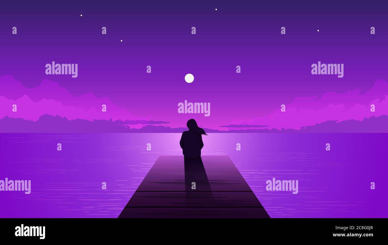 Ragazza solitaria con luna nascente. Donna sognante sola che guarda il cielo viola con la luna. Illustrazione Vettoriale