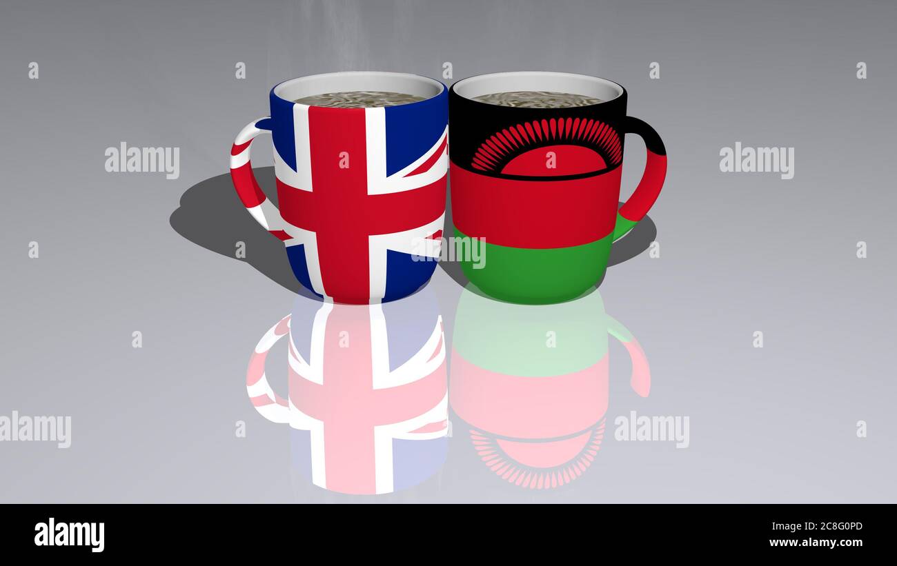 IL MALAWI DEL REGNO UNITO è stato messo su una tazza di caffè caldo che si riflette sul pavimento in un'illustrazione 3D con una prospettiva realistica e ombre Foto Stock