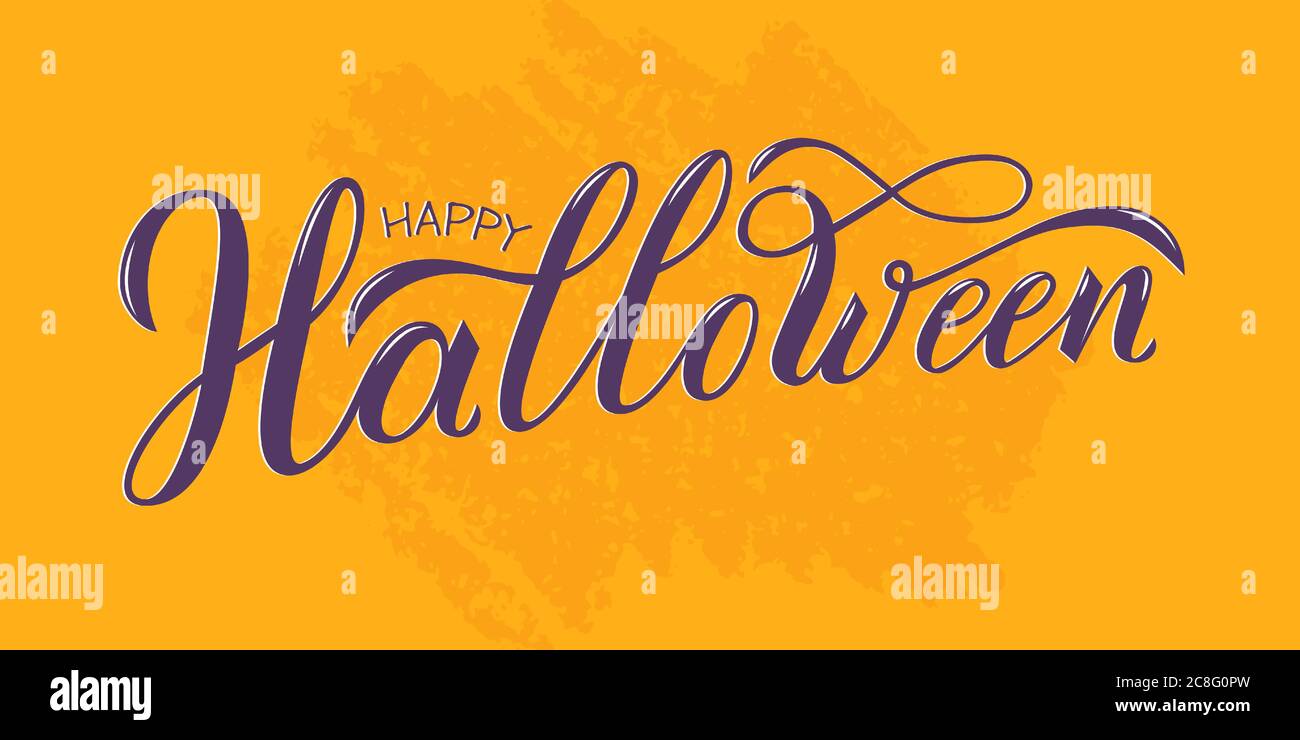 Felice Halloween mano testo scritto. Illustrazione vettoriale isolata su sfondo arancione. Sceneggiatura spazzhpen scritta con fiori. Scrittura a mano per banner, poster, biglietti di auguri o inviti Illustrazione Vettoriale